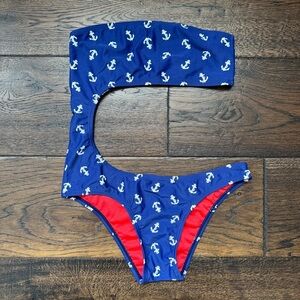 Blue One-Piece Swimsuit with Anchor Print